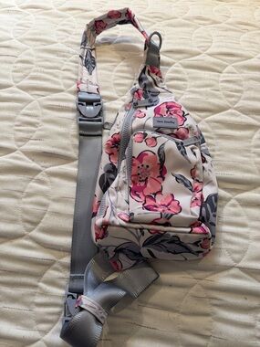 Vera Bradley Pink Floral Sling Crossbody Bag with Gray Strap